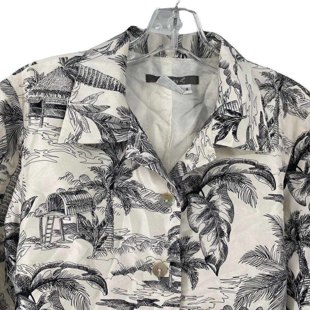 Maggy L Silk Button Front Shell Jacket White Black Tiki Hut Palm Island Size 4 - Picture 3 of 6